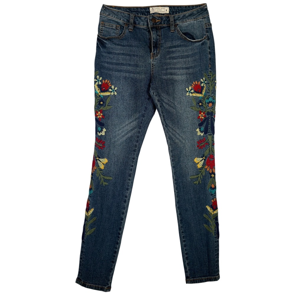 Angel Kiss Embroidered Floral Skinny Jeans Womens Size 3 Mid Rise Stretch Denim